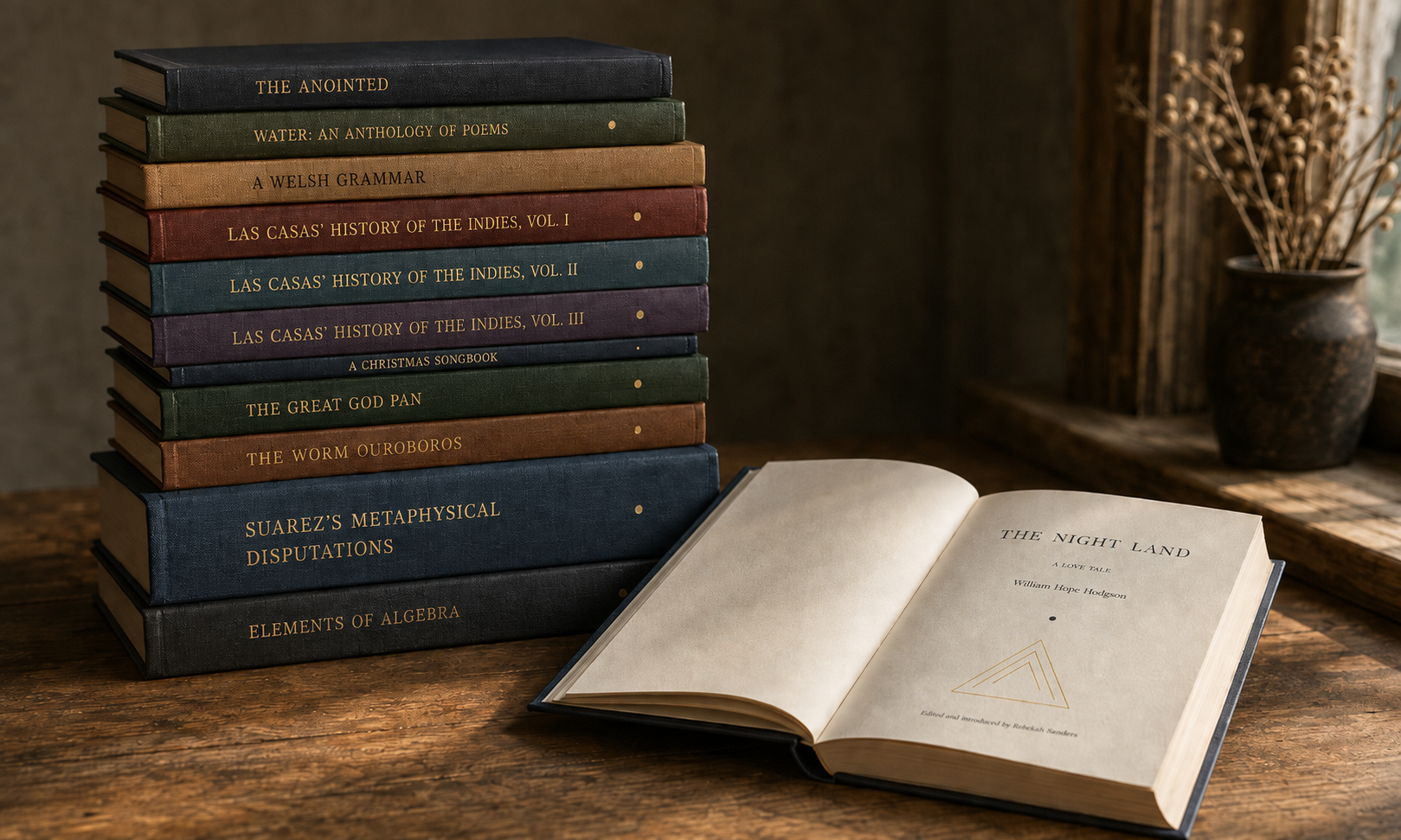 A photorealistic stack of forthcoming books from The Rekindled Library with an open copy of The Night Land on the table.